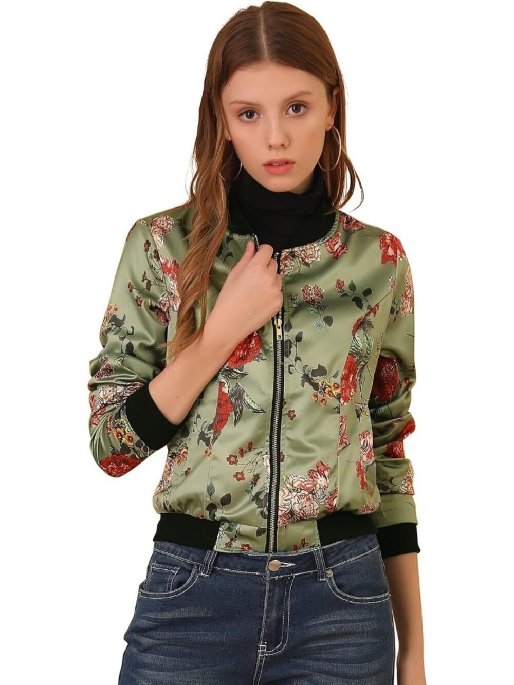 Floral Satin Bomber Jacket for Women | Long Sleeve Coat with Pockets